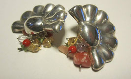 Silver earrings fan shape with pendants stones