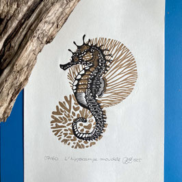 L'hippocampe moucheté, linogravure originale numérotée, datée, signée