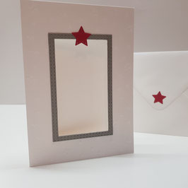 Passepartout-Karte, Sternprägung weiß mit grauem Rahmen und mit rotem Stern 10,5x14,8cm (Ausschnitt: 5x9cm)