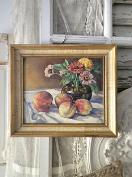 Dekoratives altes Stillleben - Ölgemälde mit Obst + Blumen