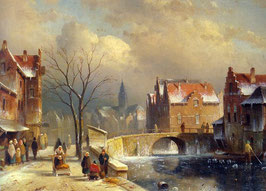 Winter Villagers on a Snowy Street by a Canal