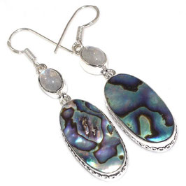 boucles d'oreilles en abalone et pierre de lune bleutée, plaqué argent 925