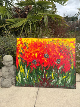 Sans titre 23 — Peinture originale abstraite rouge jaune vert 61×50 cm