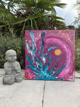 Sans titre 24 — Peinture originale abstraite rose turquoise or 50×50 cm