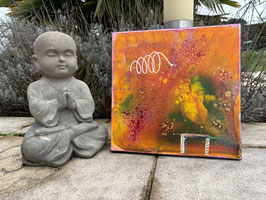 "Connect the dots" — Peinture originale technique mixte orange jaune 30×30 cm