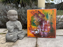 "Let It Flow" — Peinture originale technique mixte orange vert 30×30 cm