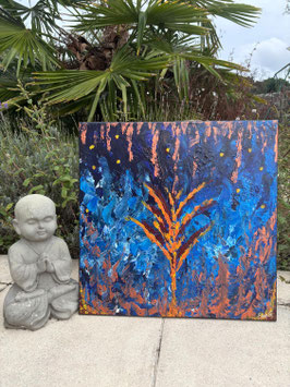 Sans titre 18 — Peinture originale abstraite bleu orange noir 50×50 cm