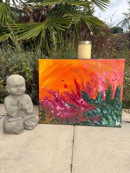 Sans titre 17 — Peinture originale abstraite orange rose vert 50×40 cm