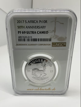 Krügerrand 2017,  1 oz Platin mit  „50th Anniversary“ Privy Mark, NGC 69