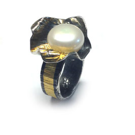 ANILLO PLATA, ORO PURO Y PERLA