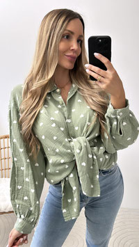 OVERSIZE MUSSELINBLUSE HERZNEDA - KHAKI/WEISS