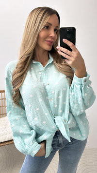 OVERSIZE MUSSELINBLUSE HERZNEDA - MINT/WEISS