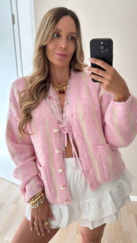 V-CARDIGAN HEARTSTRIPES - ROSA/CREME