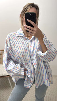 MUSSELINBLUSE FLOWER - HELLBLAU/ROSA
