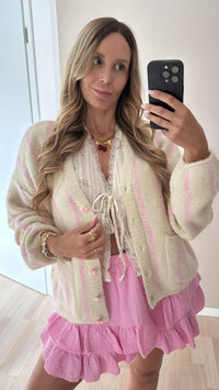 V-CARDIGAN HEARTSTRIPES - CREME/ROSA