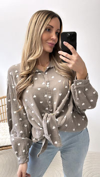OVERSIZE MUSSELINBLUSE HERZNEDA - TAUPE/WEISS