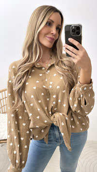 OVERSIZE MUSSELINBLUSE HERZNEDA - CAMEL/WEISS