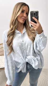 OVERSIZE MUSSELINBLUSE HERZNEDA - HELLBLAU/WEISS