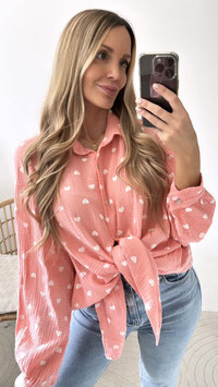 OVERSIZE MUSSELINBLUSE HERZNEDA - PEACH/WEISS