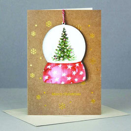 KERSTKAART MET HOUTEN KERSTHANGER SNEEUWBOL