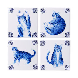 *NIEUW* ONDERZETTERS LIEVE KAT SET VAN 4 STUKS (P743) - HEINEN DELFTSBLAUW