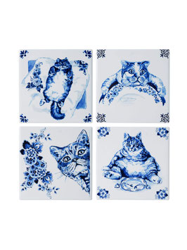 ONDERZETTERS LUIE KAT SET VAN 4 STUKS (P743) - HEINEN DELFTSBLAUW
