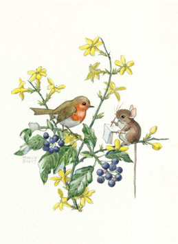PCE 250 MOUSE SITTING ON WINTER JASMINE SKETCHING ROBBIN