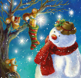 PAKJE KERSTKAARTEN LUXE - SNEEUWPOP MET KERSTSOK IN BOOM KP050 (5 KAARTEN + ENVELOPPEN)