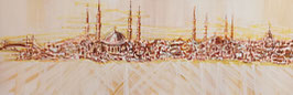 Elegantes Acrylbild Istanbul Nostalgie Skyline in Brauntönen Acryl auf Leinwand handgemalt XL in 40x120cm