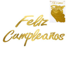 LETRERO O BANDERIN FELLIZ CUMPLEAÑOS ORO METALICO DS06151