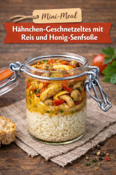 Hähnchen-geschnetzeltes mit Reis und Honig-Senfsoße