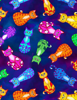 Timeless Treasures - Nick Gustafson - Star Gazing - bunte Katzen auf blau-lila - Kinderstoff Patchworkstoff Baumwollstoff