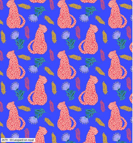 Tropical Leopard - Bethany Salt - Cotton Craft Company - Roter Leopard auf königsblauem Hintergrund - Patchworkstoff