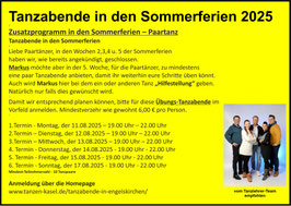 Tanzabend in den Sommerferien 2025 in Engelskirchen für Mitglieder und Gäste - 19.00 Uhr - 22.00 Uhr