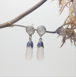 Oorbellen zilver met paars emaille , maasteen en rozenkwarts druppels