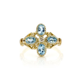 Ring 14 krt goud vintage inspired met aquamarijn en diamant