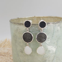Oorbellen zilver met druzy quartz, lava camee en maansteen