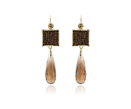 oorbellen goud rookkwarts, versteent hout en bruine diamant