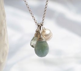 Aquamarin Tropfen Kette 925 Silber mit Perle und Prasiolith - n978