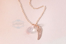 Flügel mit Rosenquarz Tropfen Halskette