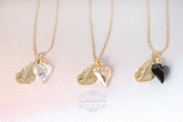 Kristall Herz mit Feder, Halskette vergoldet