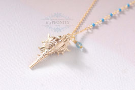 Lang Muschel mit Kristall, lange Kette mit Türkis