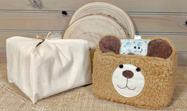 PANIÈRE CARRÉE Ours Noisette et son pochon cadeau en coton
