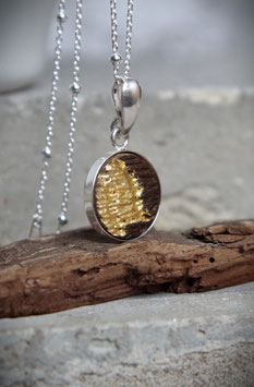 Damenkette aus Holz mit alter Eiche, 24 Karat Blattgold und Silberfassung Ø 14 mm