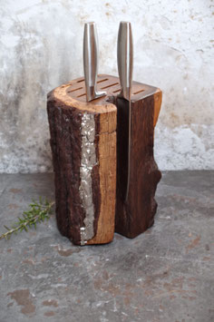 Messerblock aus Holz mit Platin, erhaltener Rinde und Frontmagnet
