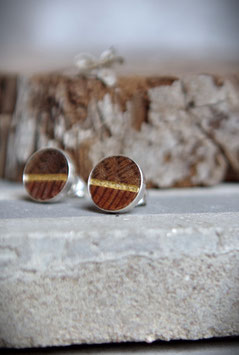 Ohrstecker aus Pitchpine und Eiche-Hirnholz mit Blattgold in Silber