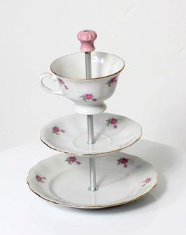 Etagère Nr. 1628,  3-stöckig, weiss mit Blümchen