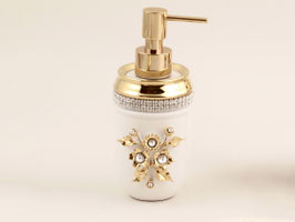Seifenspender, Serie "POMPADOUR", aus weißem Porzellan mit Gold und Keramikverzierungen, Bleikristall/Strasselementen.