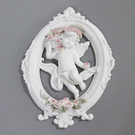 エンジェル 天使 可愛い 楕円 パネル 壁掛け バラ花かご 薔薇 バラ 薔薇冠 ホワイト ピンク 368098