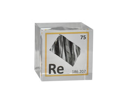 Rhenium metal shiny plate in 25mm acrylic cube